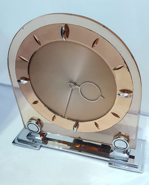 art deco clock peach glass mirror rose gold 8 day english movement smiths mantel clock - CATEGORY: ANTIQUE CLOCKS - DATED 1930