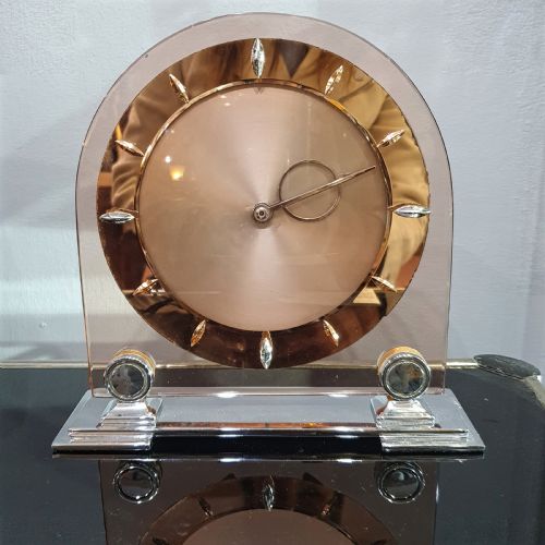 ART DECO CLOCK PEACH GLASS MIRROR ROSE GOLD 8 DAY ENGLISH MOVEMENT SMITHS MANTEL CLOCK - ADDITIONAL PHOTO 1