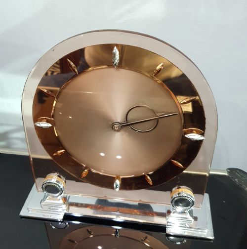 ART DECO CLOCK PEACH GLASS MIRROR ROSE GOLD 8 DAY ENGLISH MOVEMENT SMITHS MANTEL CLOCK - ADDITIONAL PHOTO 2