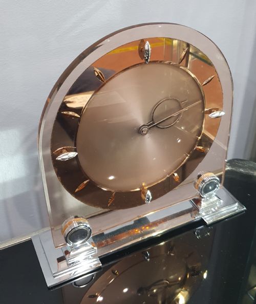 ART DECO CLOCK PEACH GLASS MIRROR ROSE GOLD 8 DAY ENGLISH MOVEMENT SMITHS MANTEL CLOCK - ADDITIONAL PHOTO 3