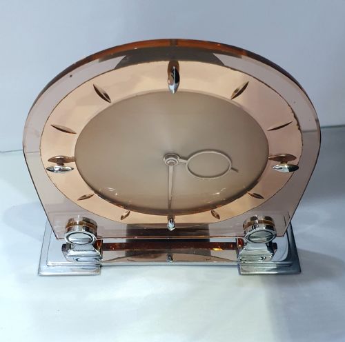ART DECO CLOCK PEACH GLASS MIRROR ROSE GOLD 8 DAY ENGLISH MOVEMENT SMITHS MANTEL CLOCK - ADDITIONAL PHOTO 4