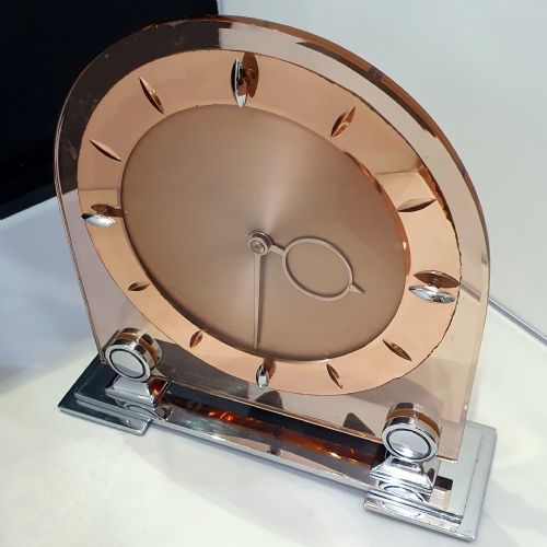 ART DECO CLOCK PEACH GLASS MIRROR ROSE GOLD 8 DAY ENGLISH MOVEMENT SMITHS MANTEL CLOCK - ADDITIONAL PHOTO 5