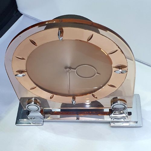 ART DECO CLOCK PEACH GLASS MIRROR ROSE GOLD 8 DAY ENGLISH MOVEMENT SMITHS MANTEL CLOCK - ADDITIONAL PHOTO 6