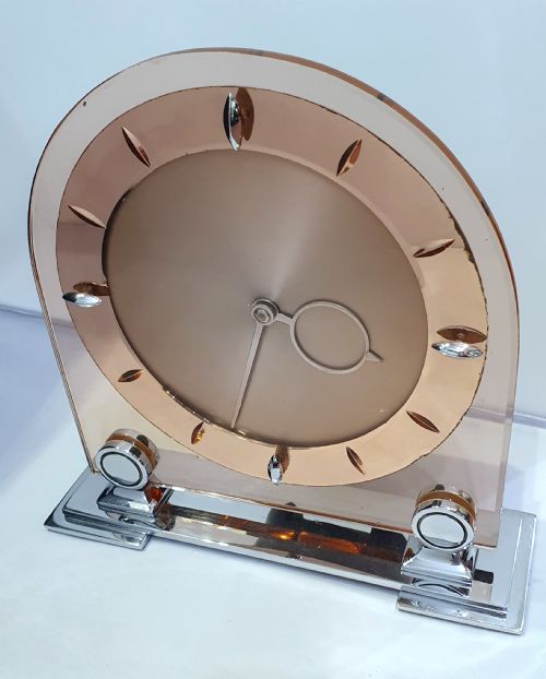 ART DECO CLOCK PEACH GLASS MIRROR ROSE GOLD 8 DAY ENGLISH MOVEMENT SMITHS MANTEL CLOCK - ADDITIONAL PHOTO 9