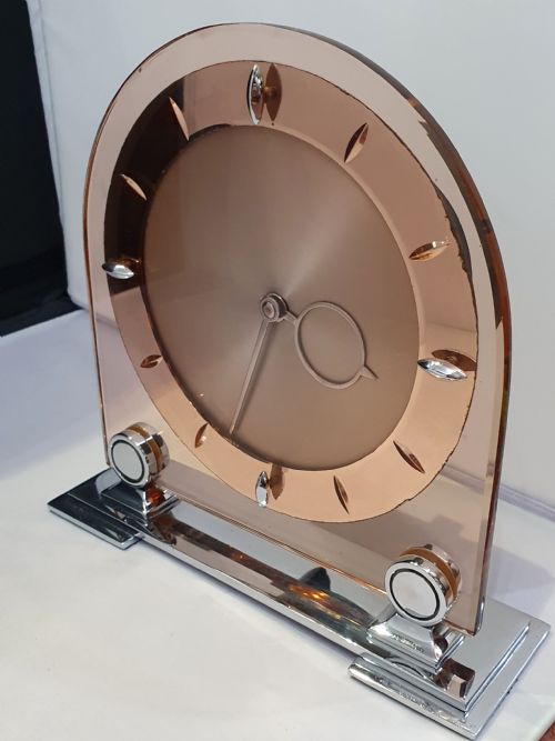 ART DECO CLOCK PEACH GLASS MIRROR ROSE GOLD 8 DAY ENGLISH MOVEMENT SMITHS MANTEL CLOCK - ADDITIONAL PHOTO 10