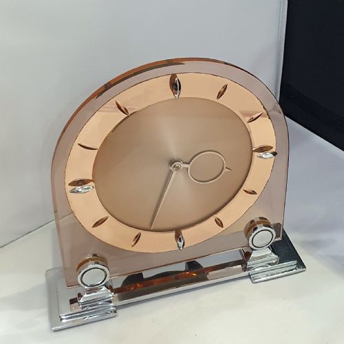ART DECO CLOCK PEACH GLASS MIRROR ROSE GOLD 8 DAY ENGLISH MOVEMENT SMITHS MANTEL CLOCK - ADDITIONAL PHOTO 11