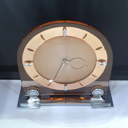 ART DECO CLOCK PEACH GLASS MIRROR ROSE GOLD 8 DAY ENGLISH MOVEMENT SMITHS MANTEL CLOCK - ADDITIONAL PHOTO 13