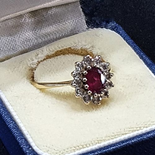 RUBY RING WITH DIAMOND HALO PLATINUM 18CT GOLD SIZE L M - ADDITIONAL PHOTO 4
