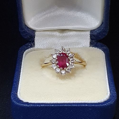 ruby ring with diamond halo platinum 18ct gold size l m - CATEGORY: ANTIQUE JEWELLERY - DATED LATER THAN 1960