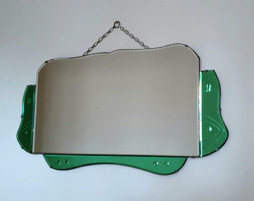 art deco mirror with rare green glass frame c1930 - CATEGORY: ANTIQUE MIRRORS - DATED 1930