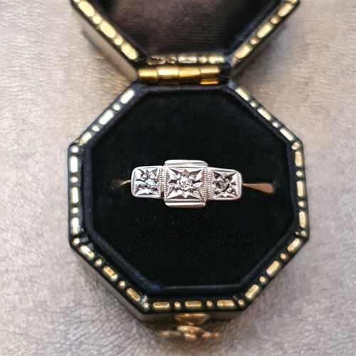 ART DECO RING PALLADIUM OLD ROSE CUT DIAMOND TRILOGY ON 9CT GOLD SIZE O O - ADDITIONAL PHOTO 1
