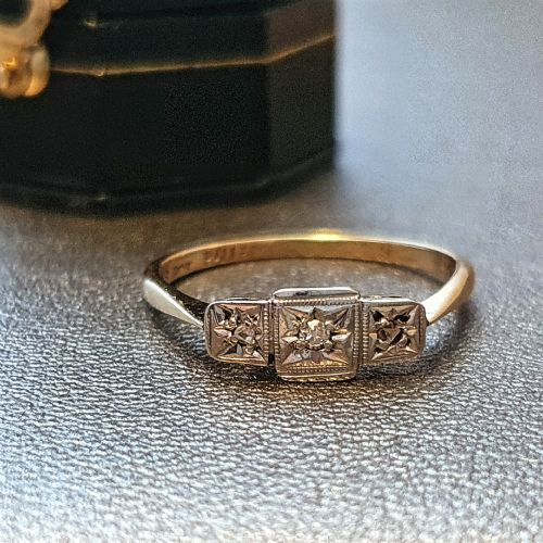 ART DECO RING PALLADIUM OLD ROSE CUT DIAMOND TRILOGY ON 9CT GOLD SIZE O O - ADDITIONAL PHOTO 2