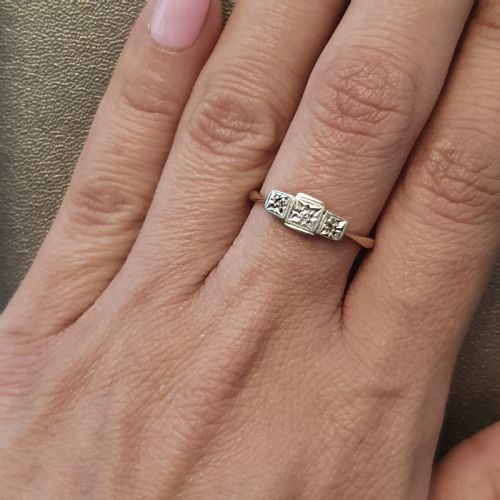 ART DECO RING PALLADIUM OLD ROSE CUT DIAMOND TRILOGY ON 9CT GOLD SIZE O O - ADDITIONAL PHOTO 3