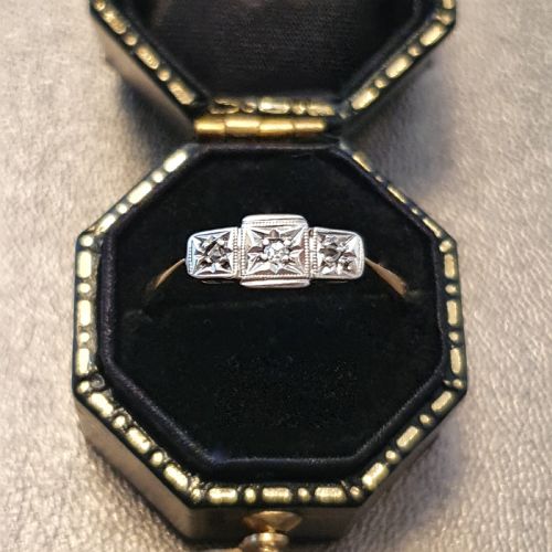 ART DECO RING PALLADIUM OLD ROSE CUT DIAMOND TRILOGY ON 9CT GOLD SIZE O O - ADDITIONAL PHOTO 6