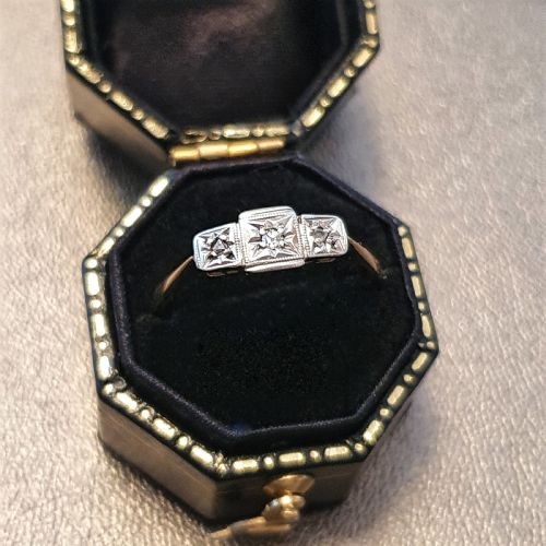 ART DECO RING PALLADIUM OLD ROSE CUT DIAMOND TRILOGY ON 9CT GOLD SIZE O O - ADDITIONAL PHOTO 7