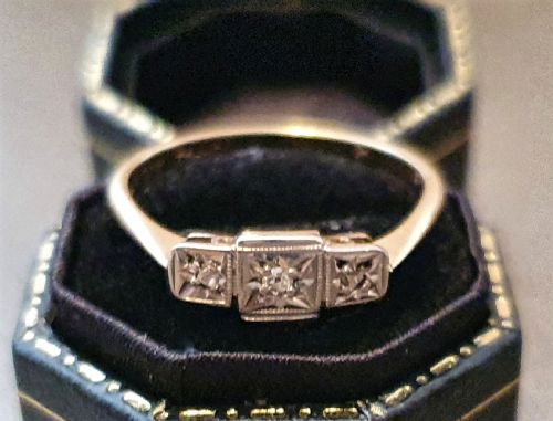 ART DECO RING PALLADIUM OLD ROSE CUT DIAMOND TRILOGY ON 9CT GOLD SIZE O O - ADDITIONAL PHOTO 8