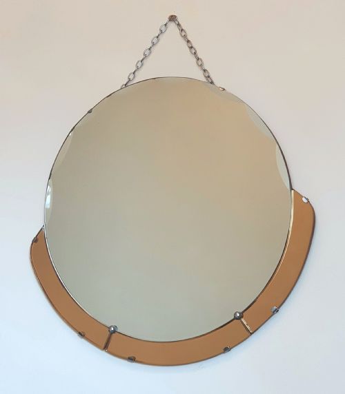 ART DECO MIRROR CLEAR PEACH GLASS BEVELLED EDGE ORIGINAL WOODEN BACK HANGING CHAIN C1930 - ADDITIONAL PHOTO 1