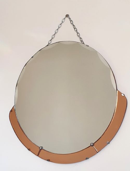 ART DECO MIRROR CLEAR PEACH GLASS BEVELLED EDGE ORIGINAL WOODEN BACK HANGING CHAIN C1930 - ADDITIONAL PHOTO 2