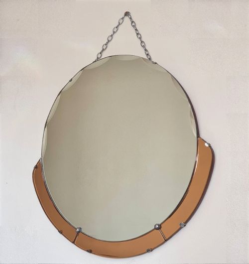 ART DECO MIRROR CLEAR PEACH GLASS BEVELLED EDGE ORIGINAL WOODEN BACK HANGING CHAIN C1930 - ADDITIONAL PHOTO 3