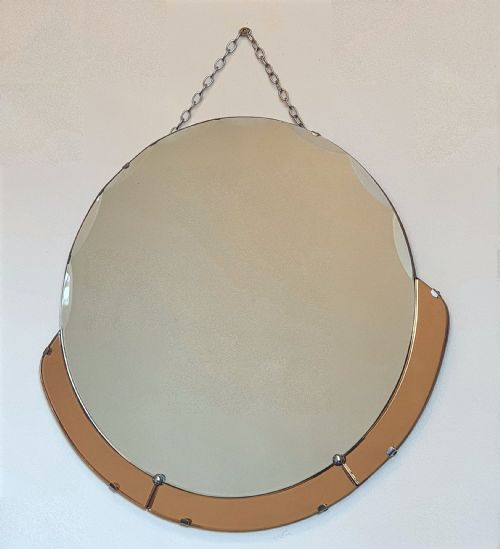 ART DECO MIRROR CLEAR PEACH GLASS BEVELLED EDGE ORIGINAL WOODEN BACK HANGING CHAIN C1930 - ADDITIONAL PHOTO 5