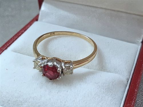 VINTAGE 1950S RUBY RING DIAMOND 18CT GOLD TRILOGY SIZE O - ADDITIONAL PHOTO 10
