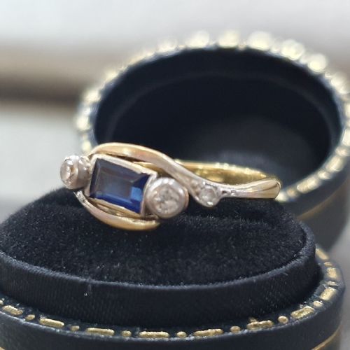 EDWARDIAN ART DECO SAPPHIRE OLD CUT DIAMOND 18CT GOLD RING SIZE L M - ADDITIONAL PHOTO 1