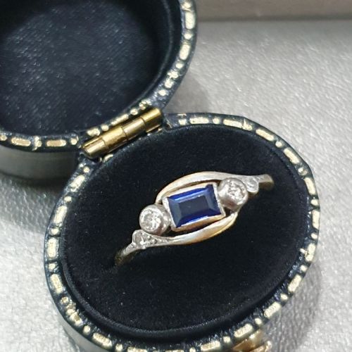 EDWARDIAN ART DECO SAPPHIRE OLD CUT DIAMOND 18CT GOLD RING SIZE L M - ADDITIONAL PHOTO 4