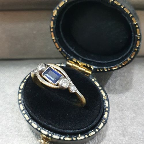 EDWARDIAN ART DECO SAPPHIRE OLD CUT DIAMOND 18CT GOLD RING SIZE L M - ADDITIONAL PHOTO 6