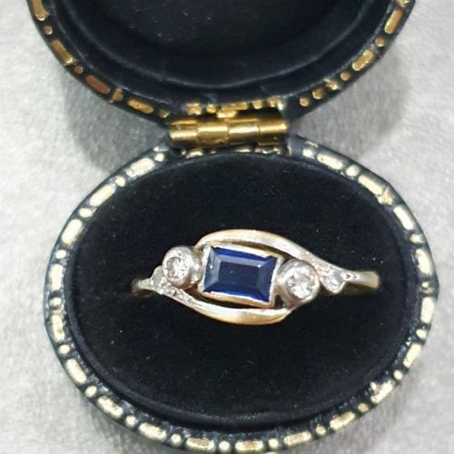 EDWARDIAN ART DECO SAPPHIRE OLD CUT DIAMOND 18CT GOLD RING SIZE L M - ADDITIONAL PHOTO 2