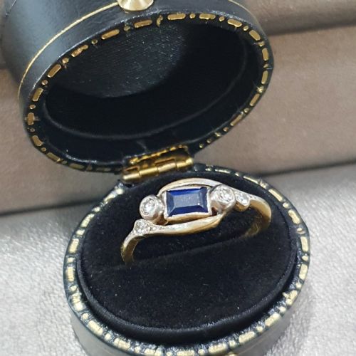 EDWARDIAN ART DECO SAPPHIRE OLD CUT DIAMOND 18CT GOLD RING SIZE L M - ADDITIONAL PHOTO 9