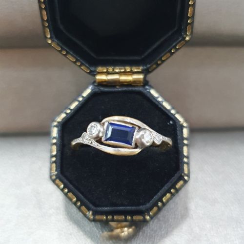 EDWARDIAN ART DECO SAPPHIRE OLD CUT DIAMOND 18CT GOLD RING SIZE L M - ADDITIONAL PHOTO 15