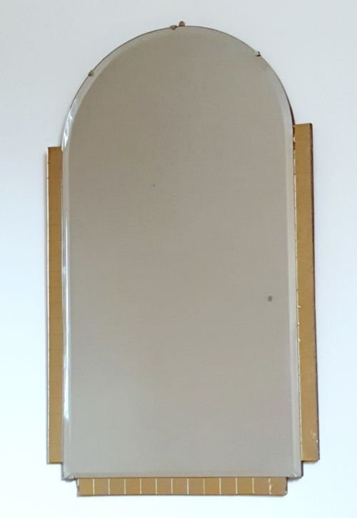 ART DECO MIRROR YELLOW GLASS SQUARE DETAILING ARCH BEVELLED GLASS TOP ORIGINAL HANGING CHAIN WOODEN BACKING - ADDITIONAL PHOTO 1