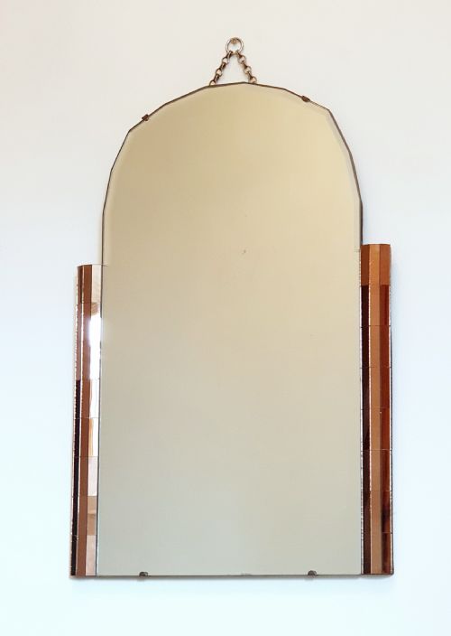 art deco mirror odeon design with amber panel detailing bevelled glass scalloped arch top original hanging chain wooden backing - CATEGORY: ANTIQUE MIRRORS - DATED 1930