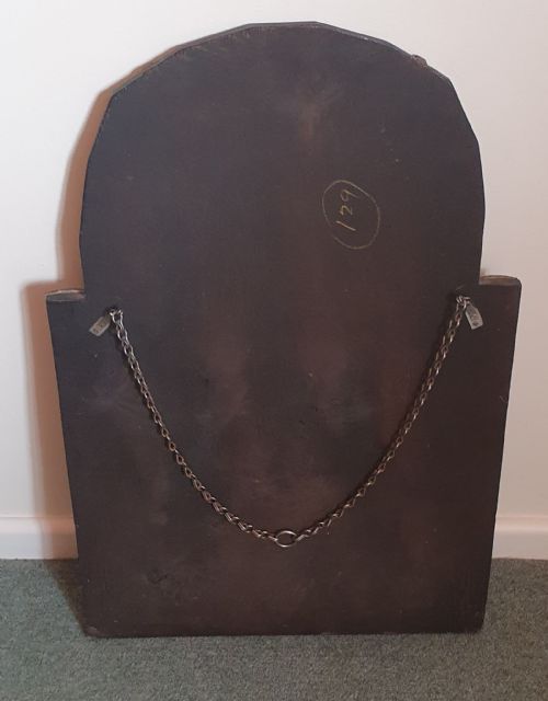 ART DECO MIRROR ODEON DESIGN WITH AMBER PANEL DETAILING BEVELLED GLASS SCALLOPED ARCH TOP ORIGINAL HANGING CHAIN WOODEN BACKING - ADDITIONAL PHOTO 5