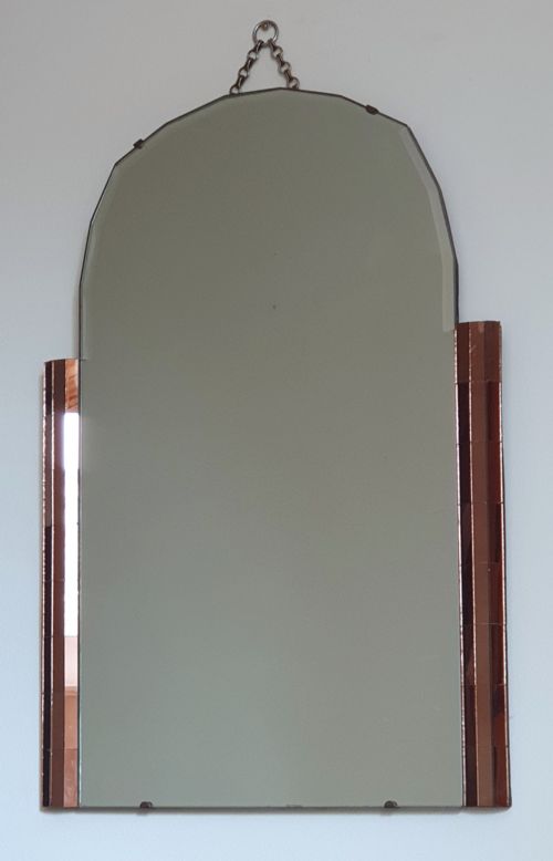 ART DECO MIRROR ODEON DESIGN WITH AMBER PANEL DETAILING BEVELLED GLASS SCALLOPED ARCH TOP ORIGINAL HANGING CHAIN WOODEN BACKING - ADDITIONAL PHOTO 6