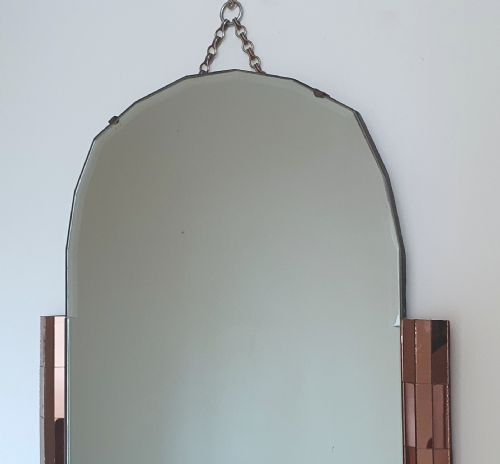 ART DECO MIRROR ODEON DESIGN WITH AMBER PANEL DETAILING BEVELLED GLASS SCALLOPED ARCH TOP ORIGINAL HANGING CHAIN WOODEN BACKING - ADDITIONAL PHOTO 8