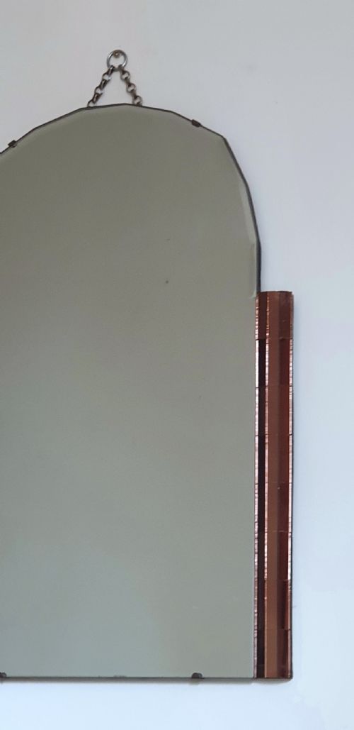 ART DECO MIRROR ODEON DESIGN WITH AMBER PANEL DETAILING BEVELLED GLASS SCALLOPED ARCH TOP ORIGINAL HANGING CHAIN WOODEN BACKING - ADDITIONAL PHOTO 9