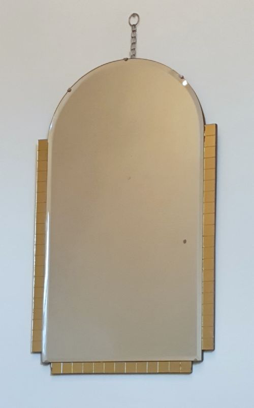 art deco mirror yellow glass square detailing arch bevelled glass top original hanging chain wooden backing - CATEGORY: ANTIQUE MIRRORS - DATED 1930