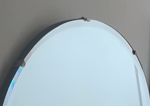 ART DECO MIRROR YELLOW GLASS SQUARE DETAILING ARCH BEVELLED GLASS TOP ORIGINAL HANGING CHAIN WOODEN BACKING - ADDITIONAL PHOTO 4
