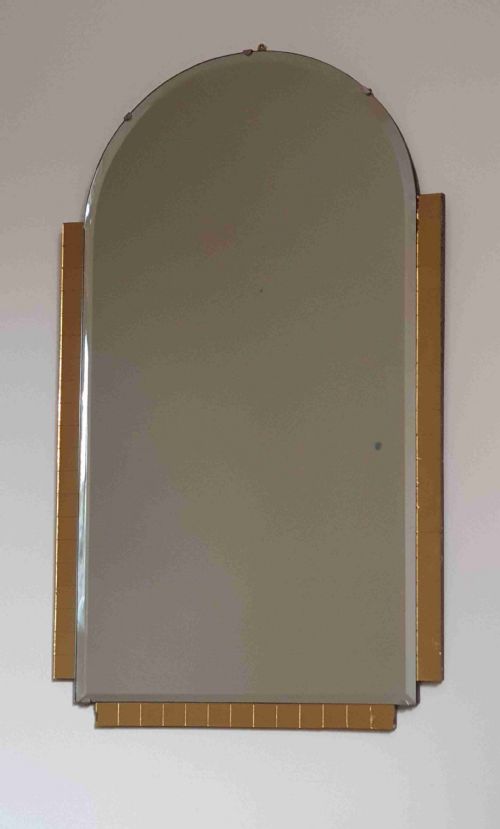 ART DECO MIRROR YELLOW GLASS SQUARE DETAILING ARCH BEVELLED GLASS TOP ORIGINAL HANGING CHAIN WOODEN BACKING - ADDITIONAL PHOTO 2