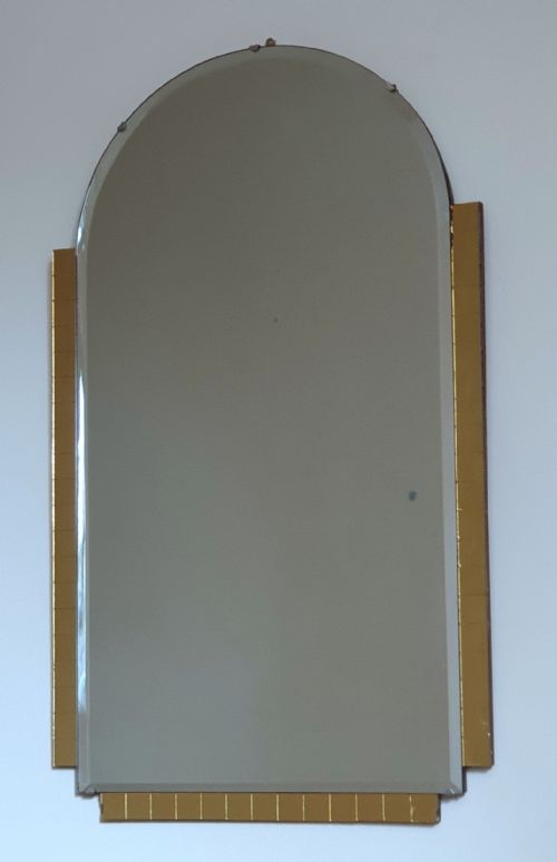 ART DECO MIRROR YELLOW GLASS SQUARE DETAILING ARCH BEVELLED GLASS TOP ORIGINAL HANGING CHAIN WOODEN BACKING - ADDITIONAL PHOTO 5