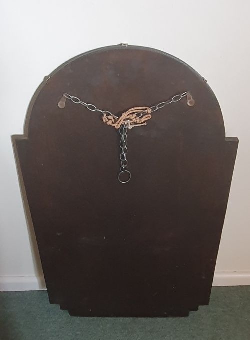 ART DECO MIRROR YELLOW GLASS SQUARE DETAILING ARCH BEVELLED GLASS TOP ORIGINAL HANGING CHAIN WOODEN BACKING - ADDITIONAL PHOTO 6