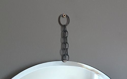 ART DECO MIRROR YELLOW GLASS SQUARE DETAILING ARCH BEVELLED GLASS TOP ORIGINAL HANGING CHAIN WOODEN BACKING - ADDITIONAL PHOTO 7