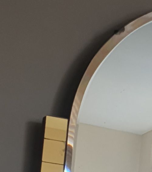 ART DECO MIRROR YELLOW GLASS SQUARE DETAILING ARCH BEVELLED GLASS TOP ORIGINAL HANGING CHAIN WOODEN BACKING - ADDITIONAL PHOTO 9