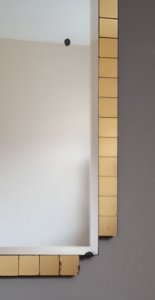 ART DECO MIRROR YELLOW GLASS SQUARE DETAILING ARCH BEVELLED GLASS TOP ORIGINAL HANGING CHAIN WOODEN BACKING - ADDITIONAL PHOTO 10