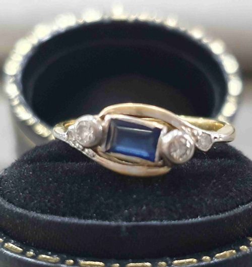 edwardian art deco sapphire old cut diamond 18ct gold ring size l m - CATEGORY: ANTIQUE JEWELLERY - DATED EDWARDIAN