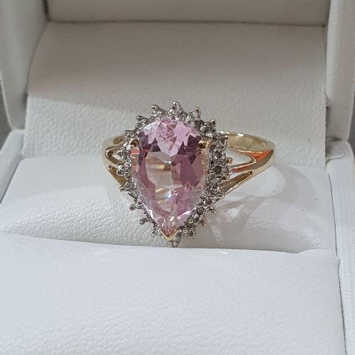 MORGANITE 3CTS PEAR CUT WITH DIAMOND HALO 9CT GOLD RING SIZE P - ADDITIONAL PHOTO 5