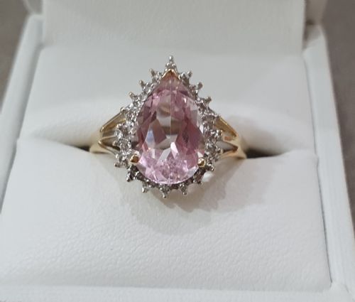 MORGANITE 3CTS PEAR CUT WITH DIAMOND HALO 9CT GOLD RING SIZE P - ADDITIONAL PHOTO 6