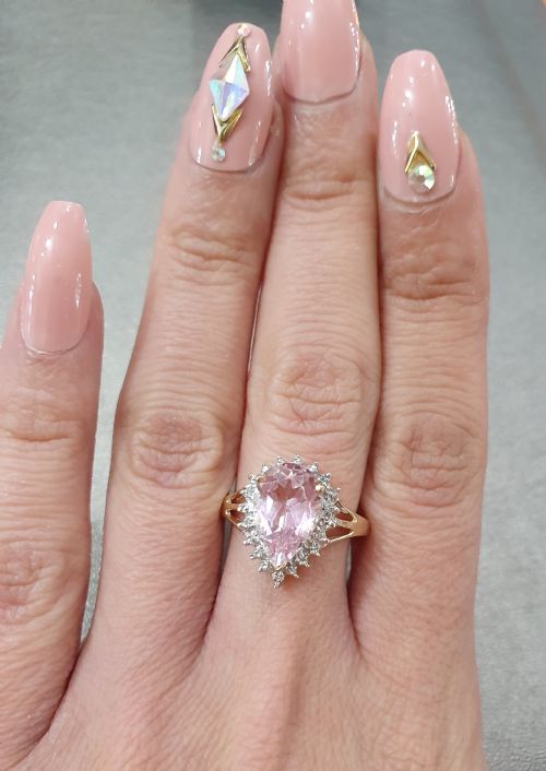 MORGANITE 3CTS PEAR CUT WITH DIAMOND HALO 9CT GOLD RING SIZE P - ADDITIONAL PHOTO 11