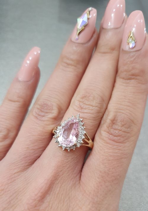 MORGANITE 3CTS PEAR CUT WITH DIAMOND HALO 9CT GOLD RING SIZE P - ADDITIONAL PHOTO 12